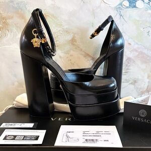 Authentic Versace Aevitas Black Leather & Crystal Medusa Double Platform Pumps